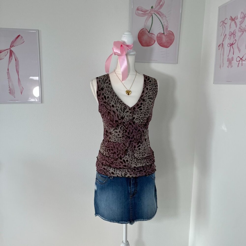 Vintage Y2k I.N. Studio Cheetah Animal Print Babydoll Ruffle Cami Top Womens M